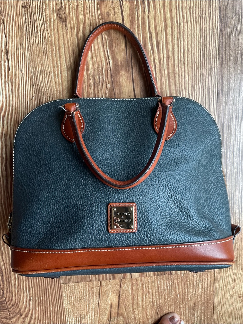 Dooney & Bourke Black Pebbled Leather Satchel with Brown Trim